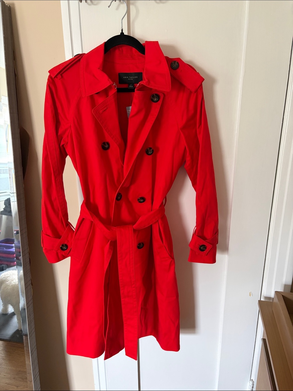 Ann Taylor Red Double-Breasted Belted Trench Coat